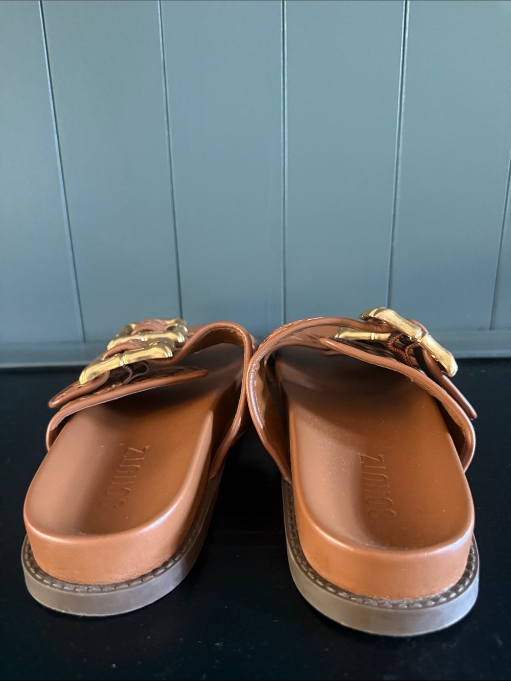 Schultz Braided Leather Double-Buckle Slide Sandals in Cognac - Picture 2 of 7
